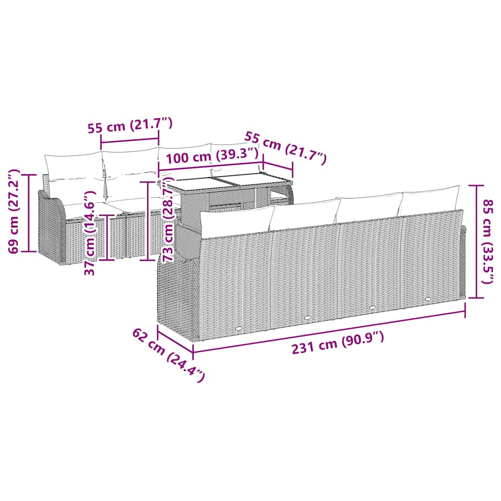 Trädgårdsoffset med kudde 7 pcs Svart konstrotting