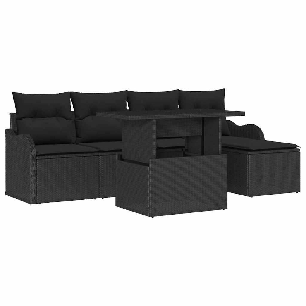 Trädgårdsoffset med kudde 6 pcs Svart Poly rattan