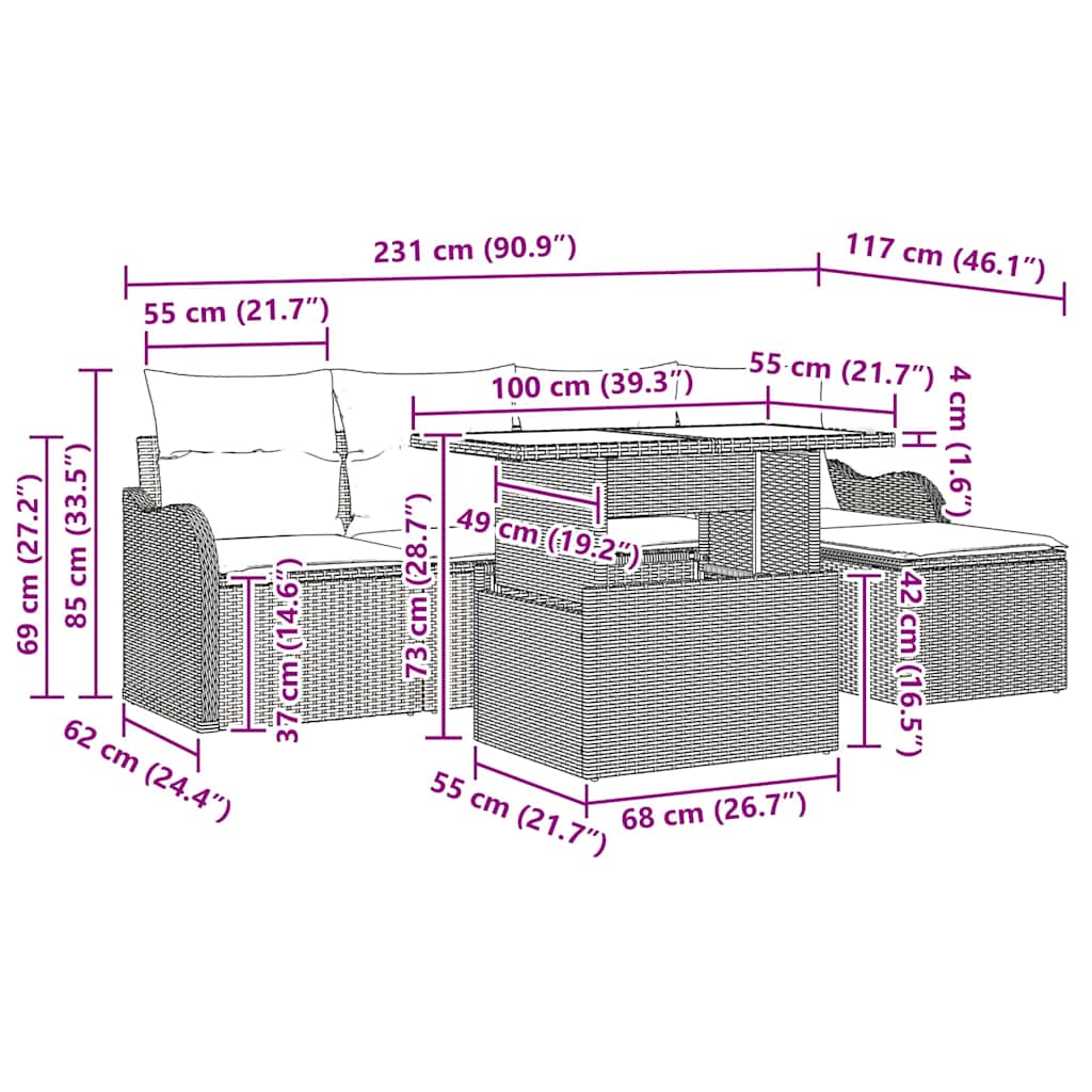 Trädgårdsoffset med kudde 6 pcs Svart Poly rattan