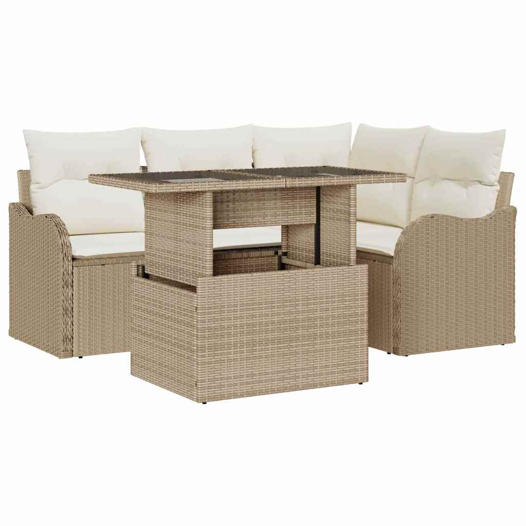 Utomhusmatbord med kudde 5 pcs Beige Poly rattan
