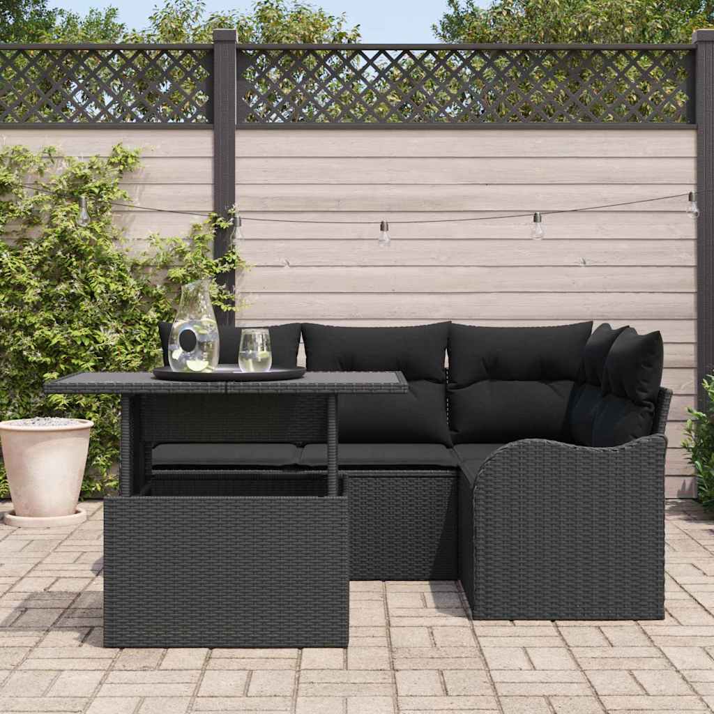 Utomhusmatbord med kudde 5 pcs Svart Poly rattan