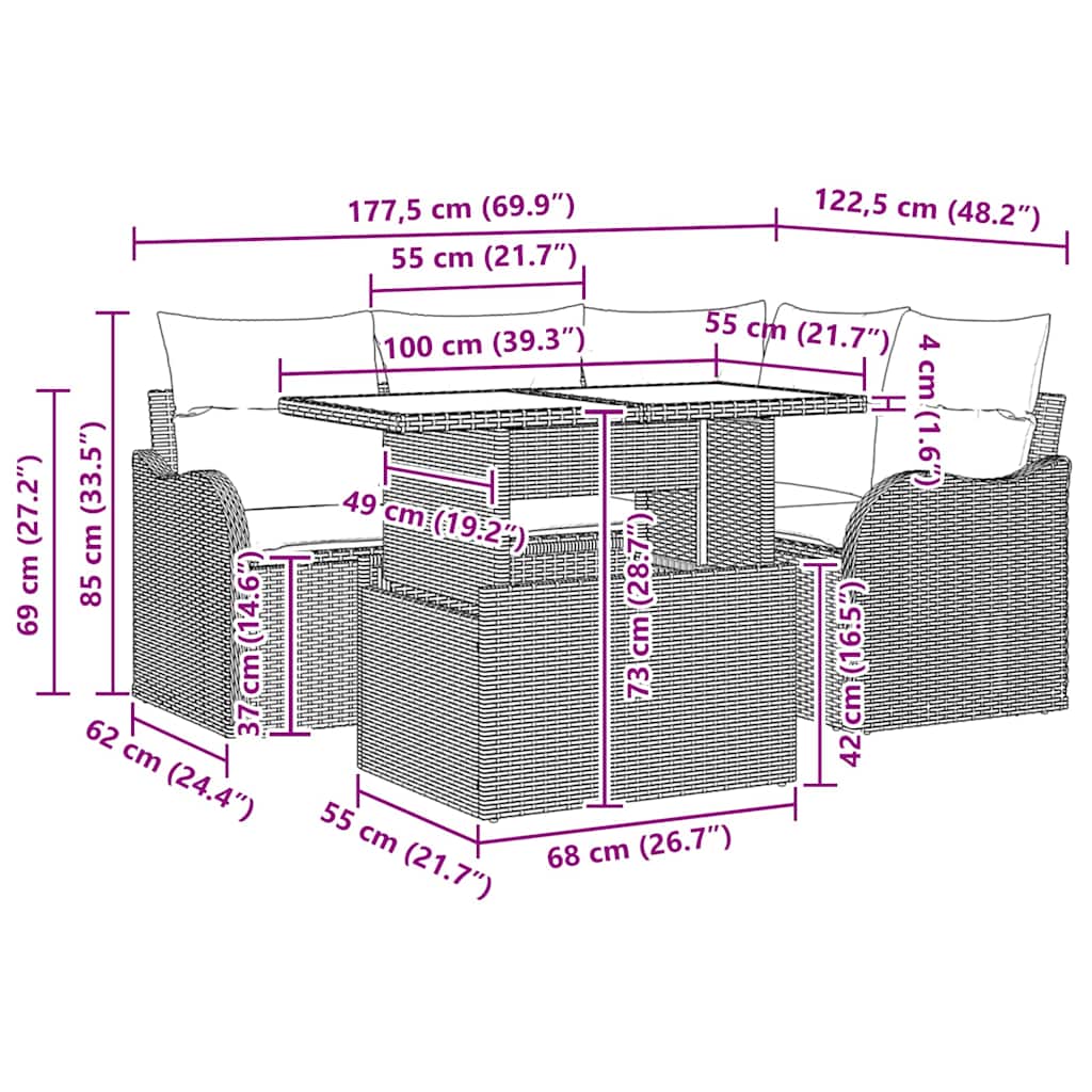 Utomhusmatbord med kudde 5 pcs Svart Poly rattan