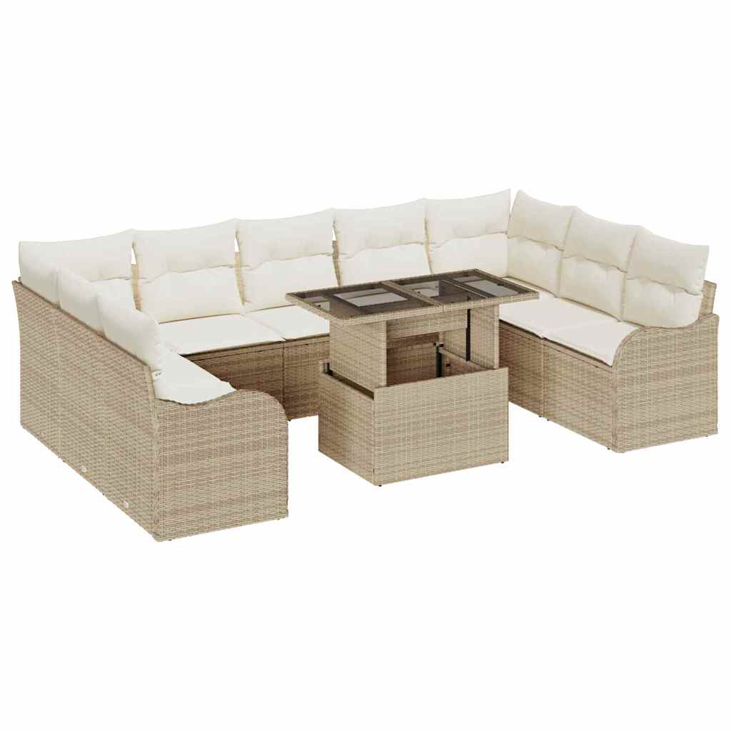 Trädgårdsoffset med kudde 10 pcs Beige Poly rattan