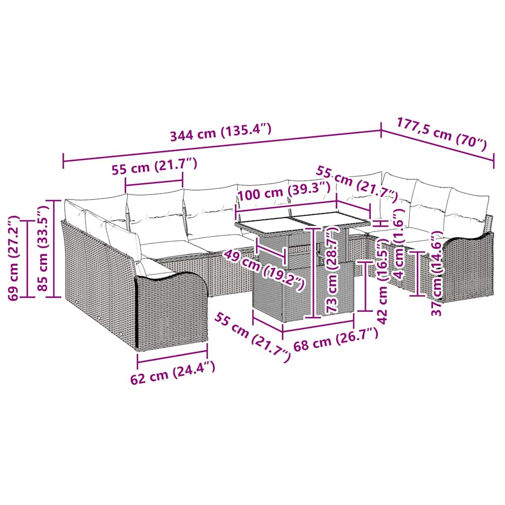 Trädgårdsoffset med kudde 11 pcs Svart Poly rattan