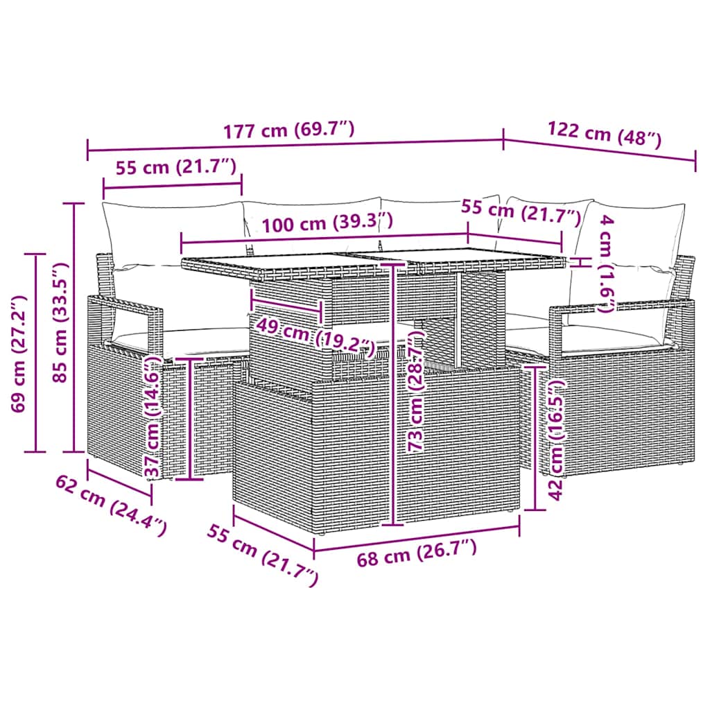 Trädgårdsoffset med kudde 5 pcs Svart och gräddvit konstrotting