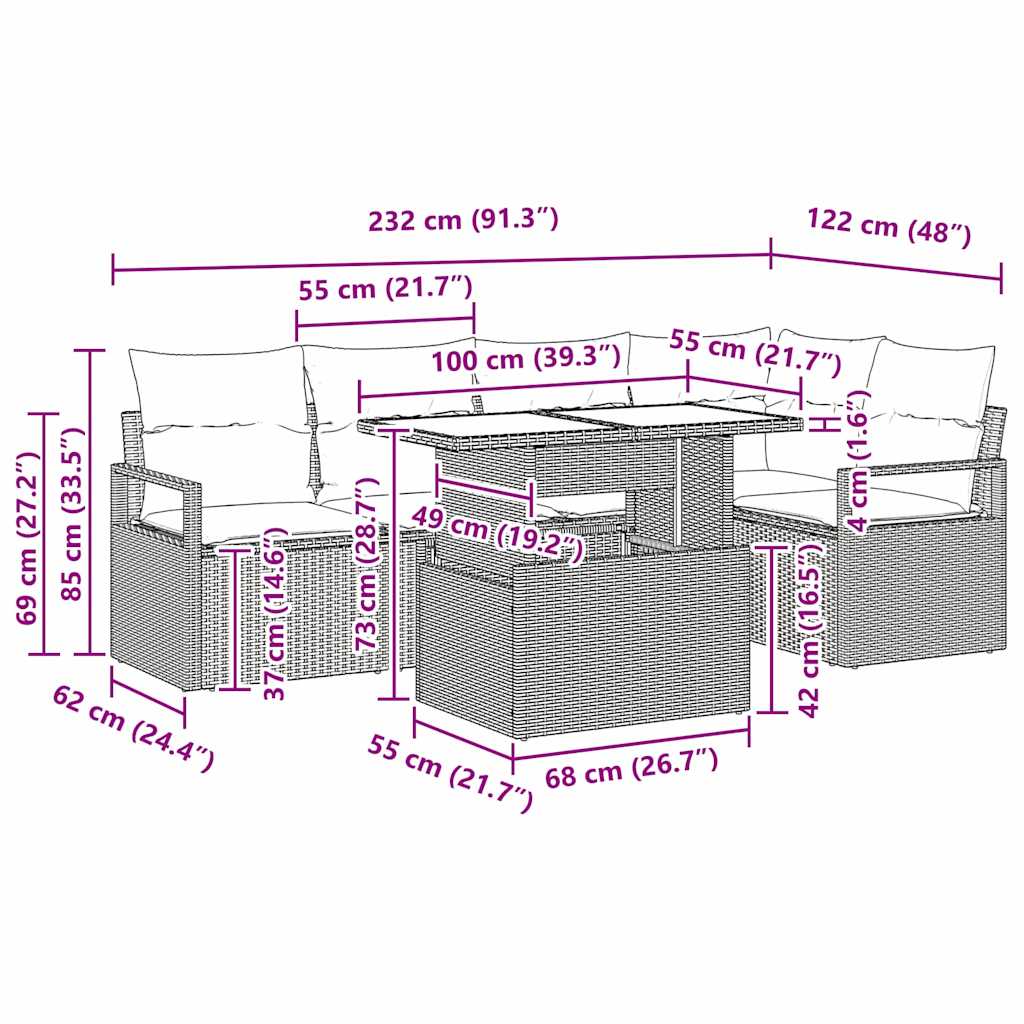Trädgårdsoffset med kudde 6 pcs Svart konstrotting