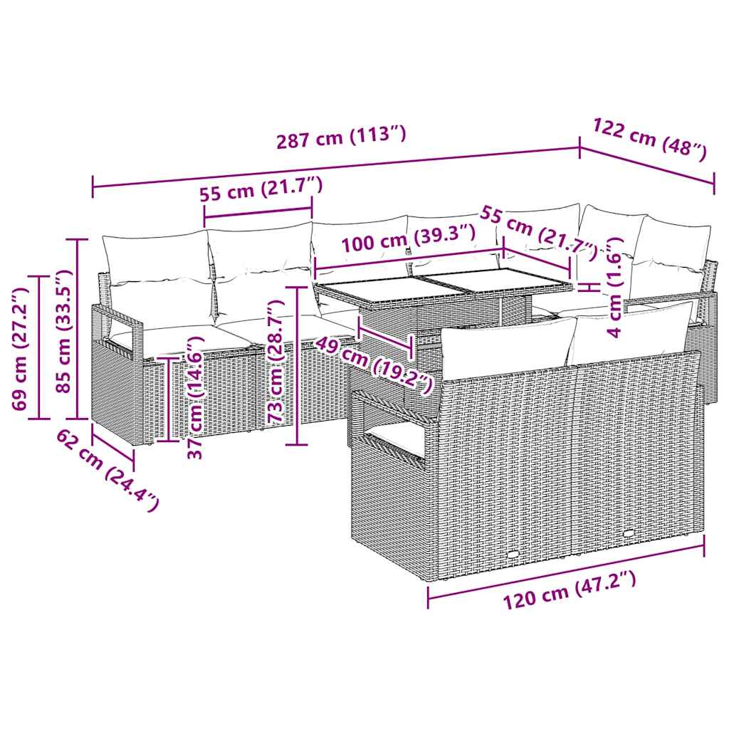 Trädgårdsoffset med kudde 9 pcs Brun och gräddvit konstrotting