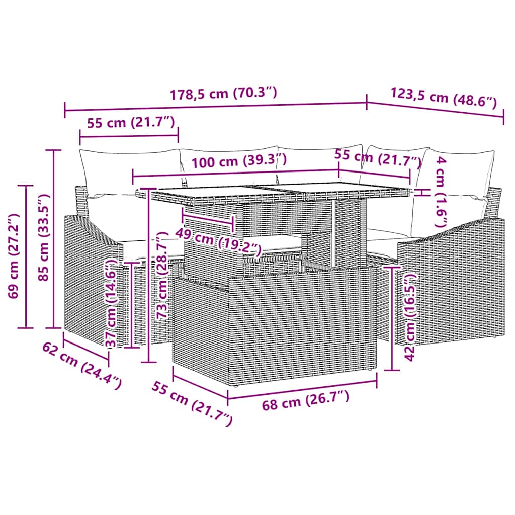 Trädgårdsoffset med kudde med lagring 5 pcs Svart konstrotting