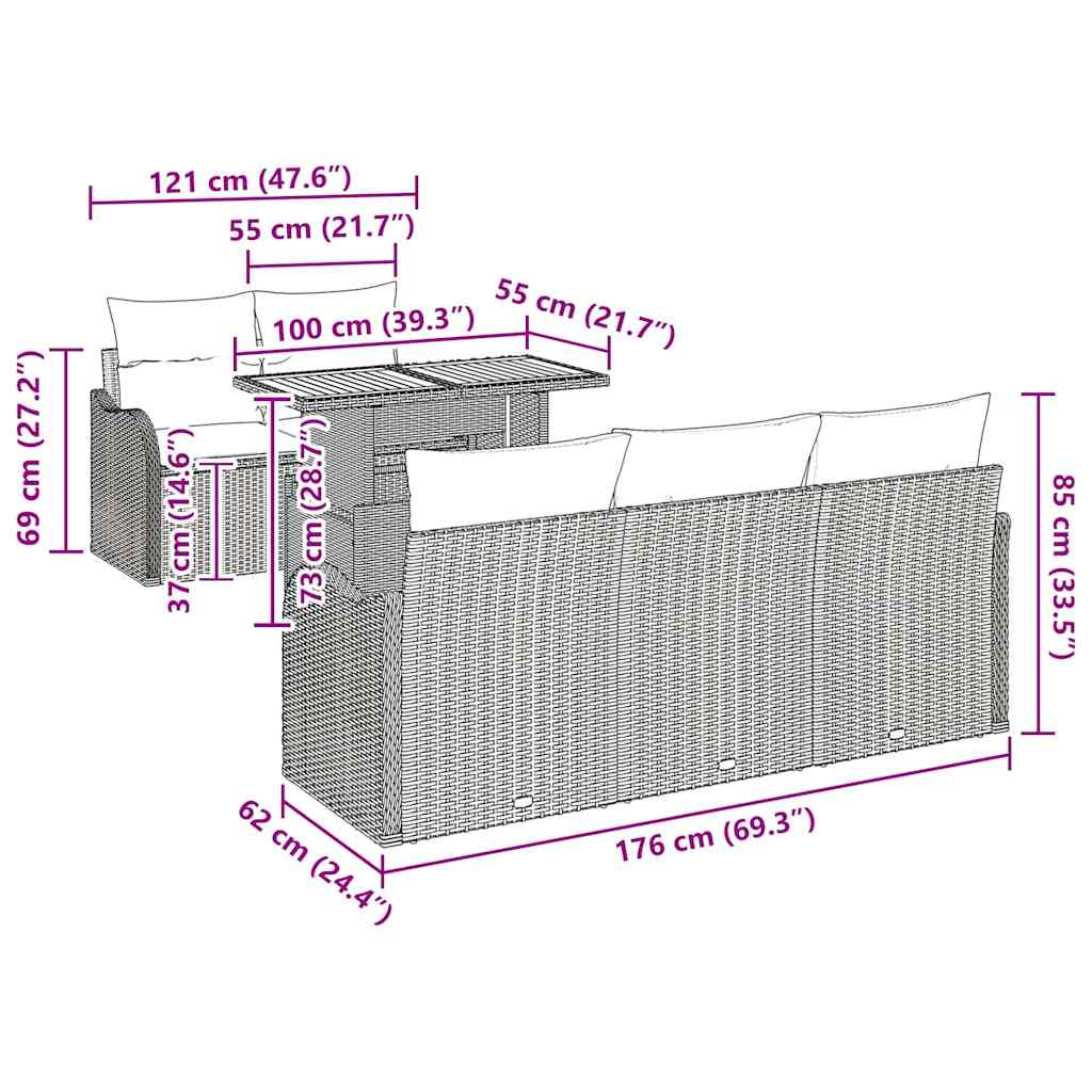 Trädgårdsoffset med kudde 6 pcs Svart