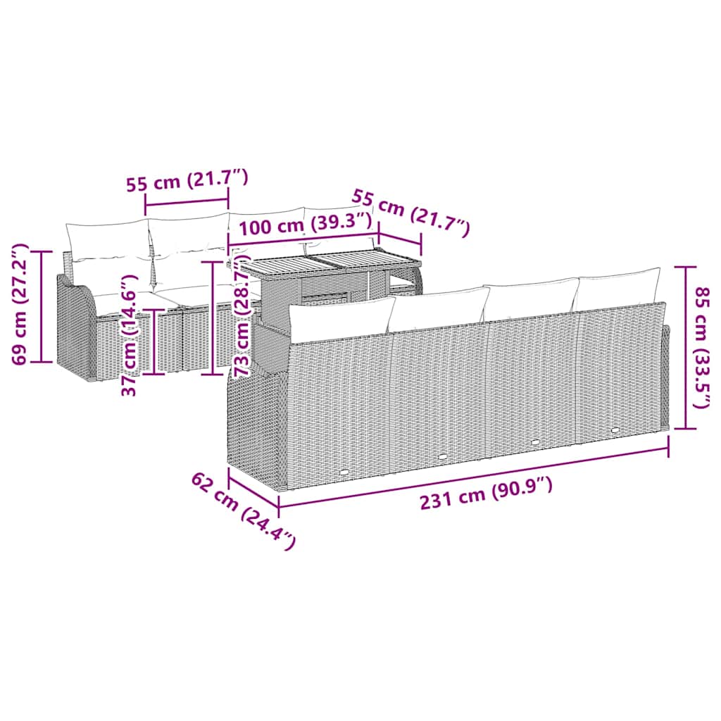 Trädgårdsoffset med kudde 7 pcs Svart
