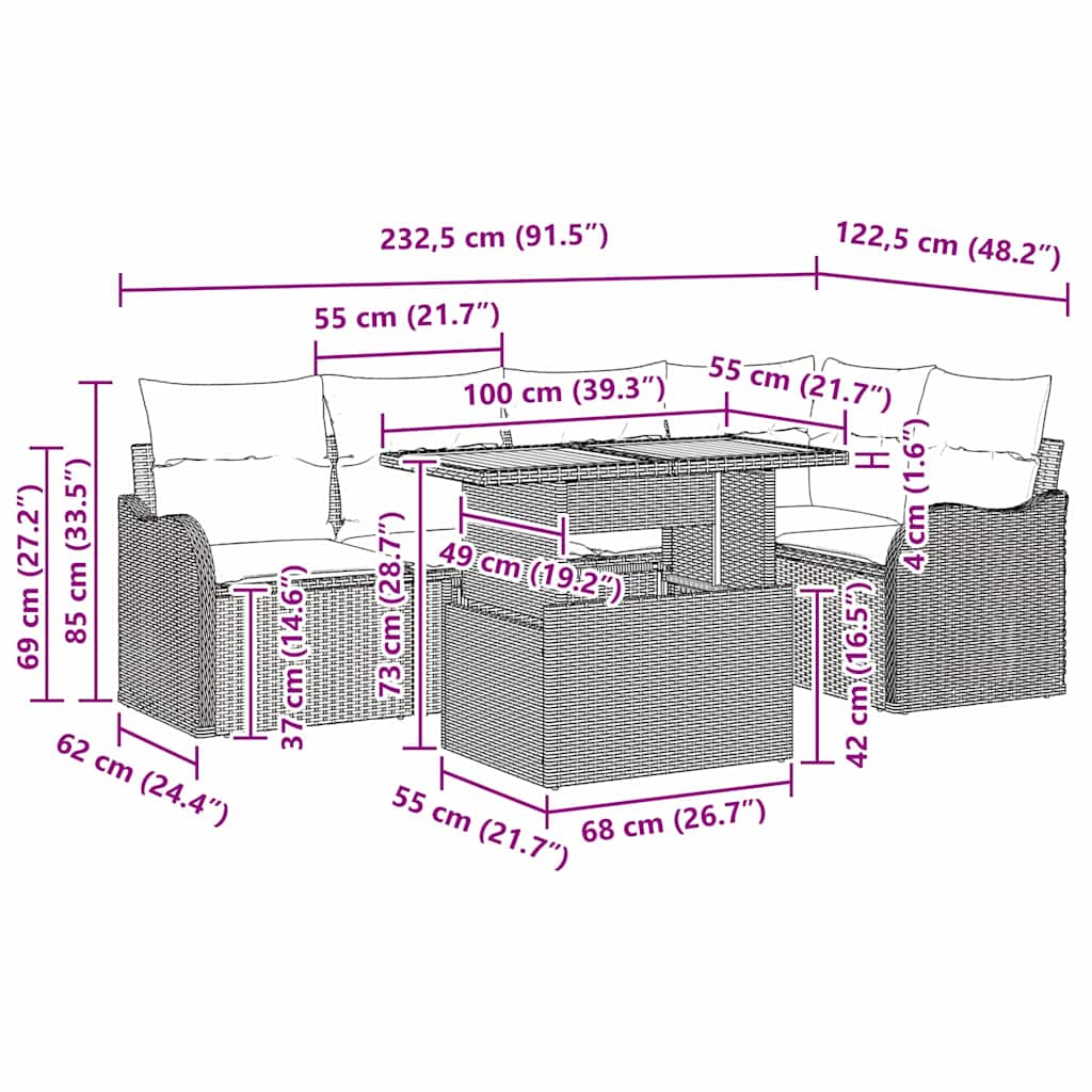 Trädgårdsoffset med kudde 6 pcs Svart konstrotting