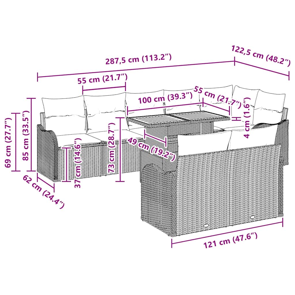 Trädgårdsoffset med kudde 9 pcs Svart