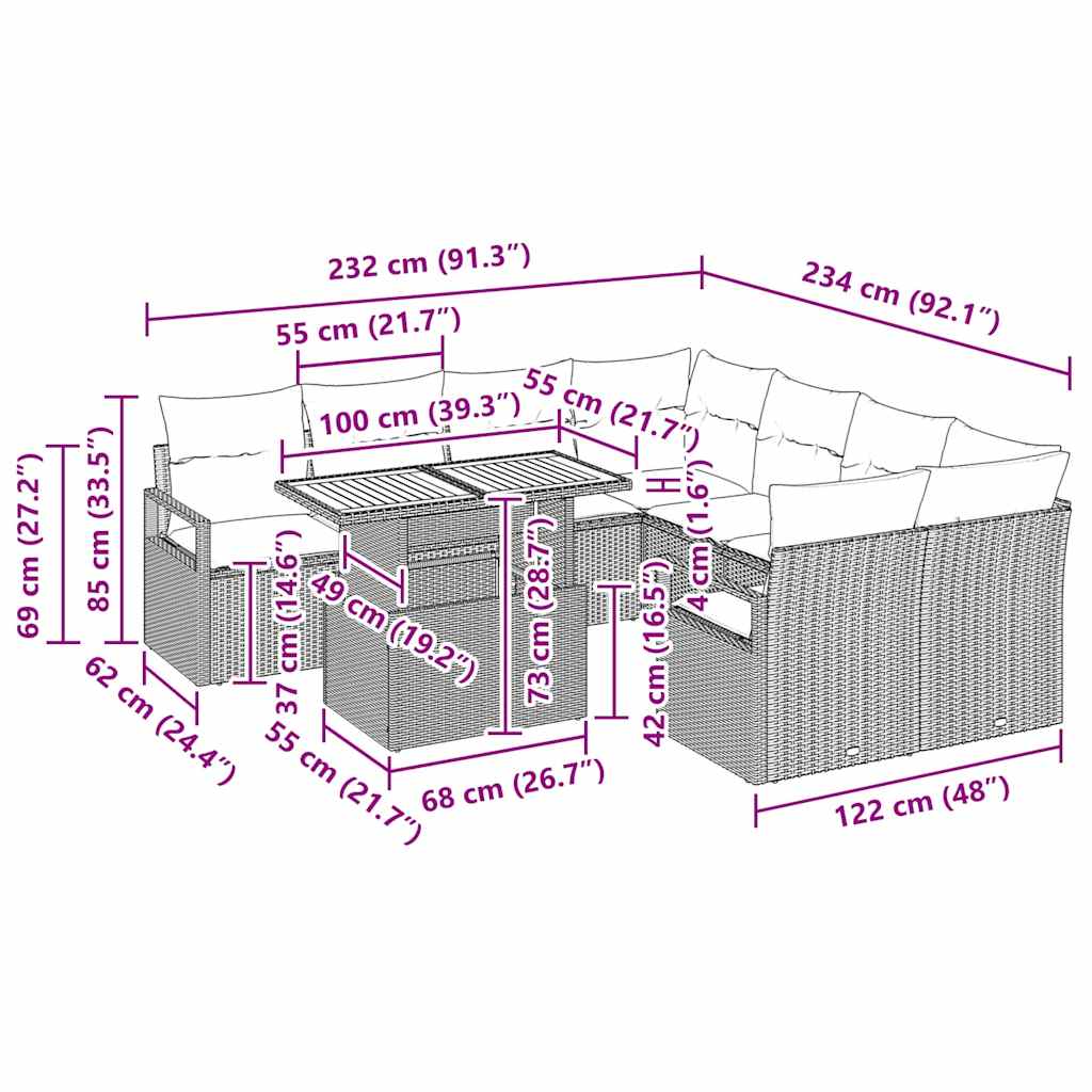 Trädgårdsmöbelset med kudde med kudde 9 pcs Svart och kräm