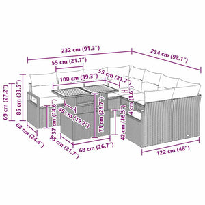 Trädgårdsmöbelset med kudde med kudde 9 pcs Svart och kräm