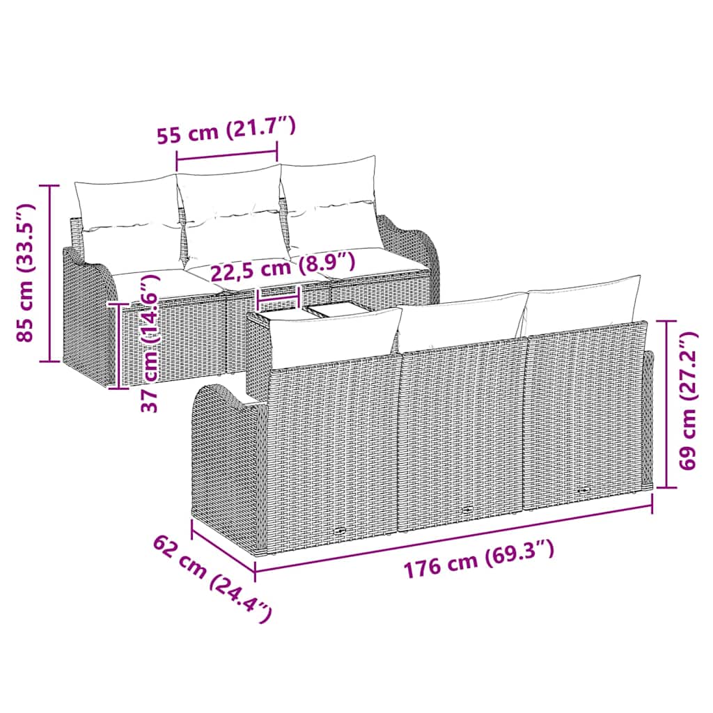 Trädgårdsoffset 7 pcs Svart Poly Rattan och Stål och Glas