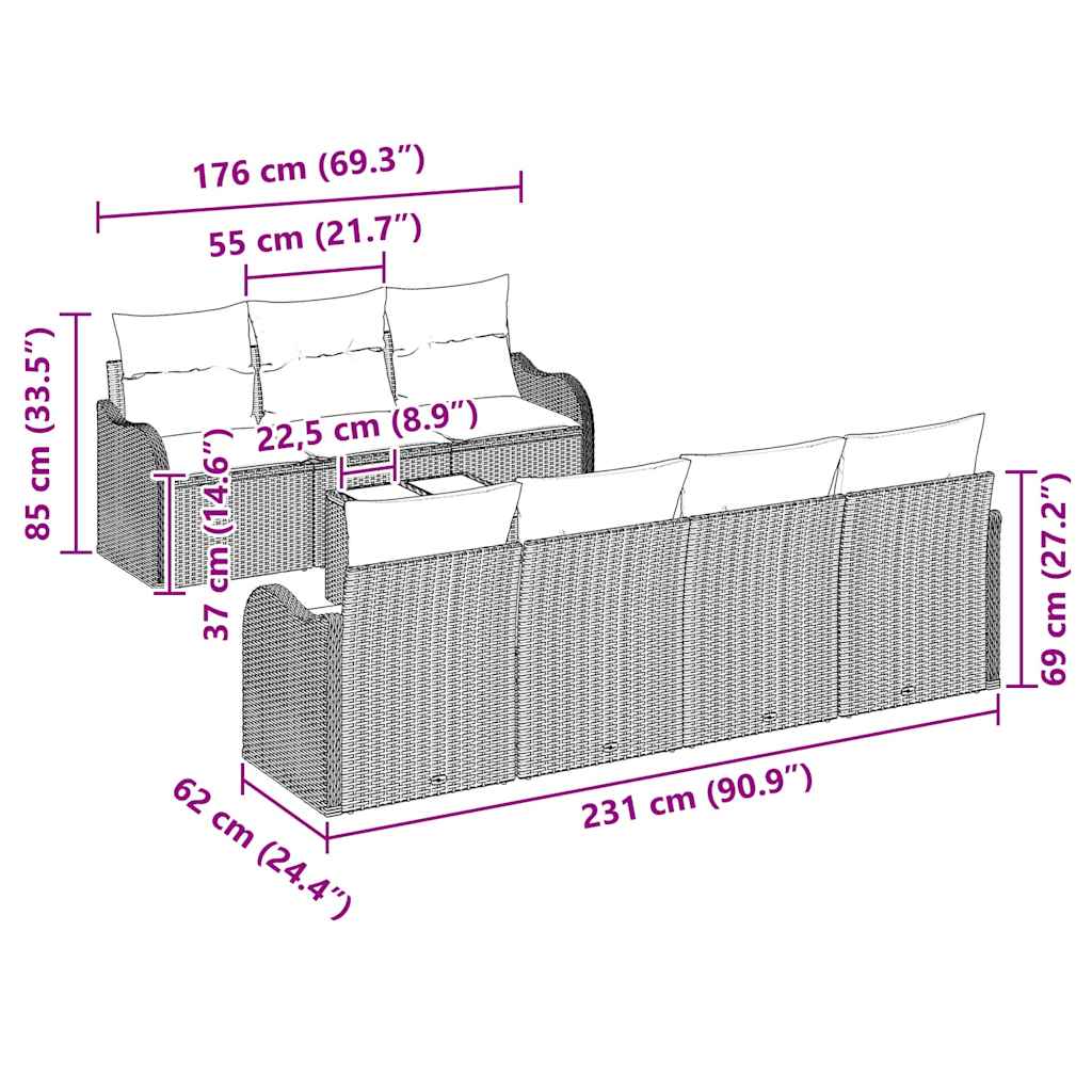 Trädgårdsoffset 8 pcs Svart Poly Rattan och Stål och Glas