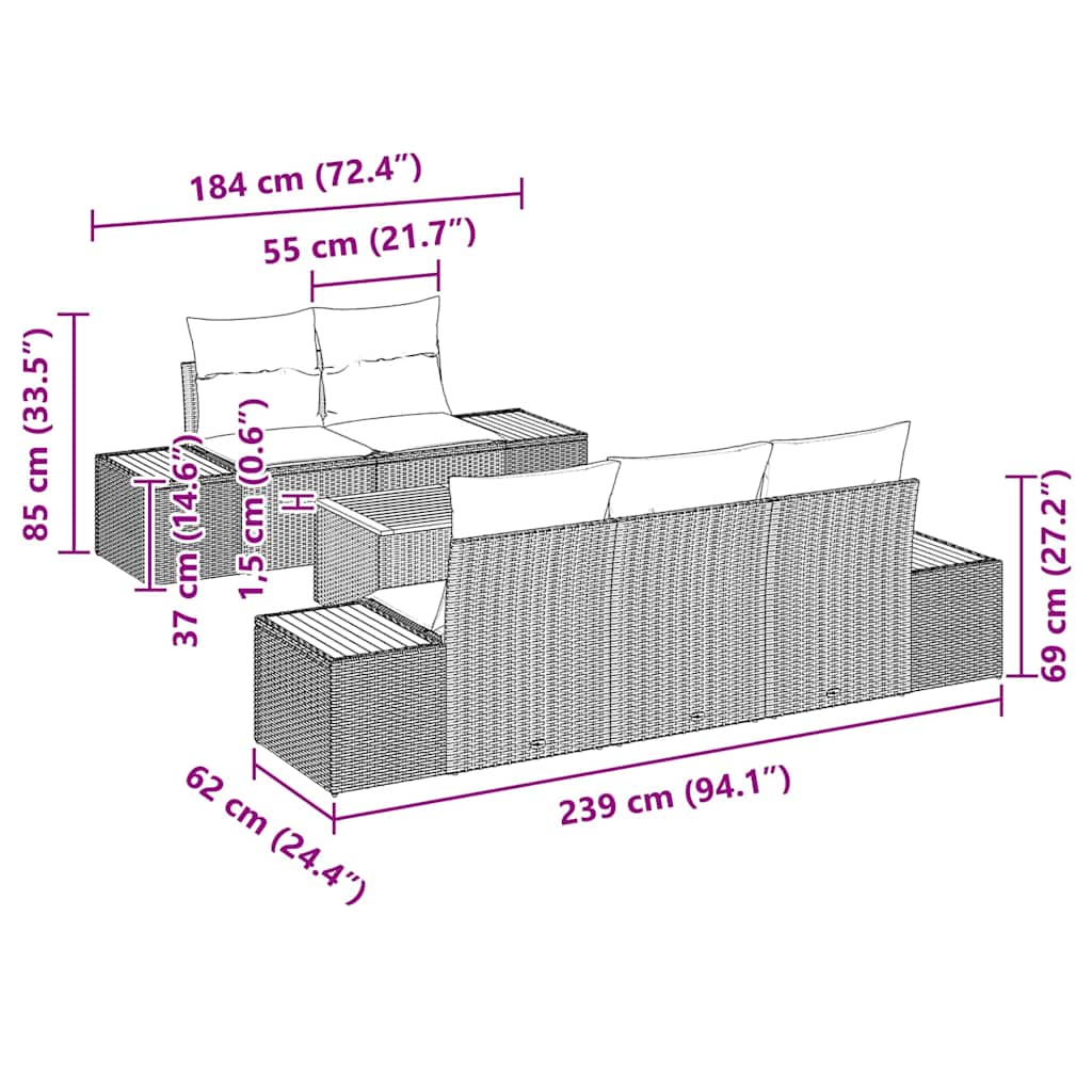 Trädgårdsoffset med kudde med lagring 6 pcs Grå Poly rattan