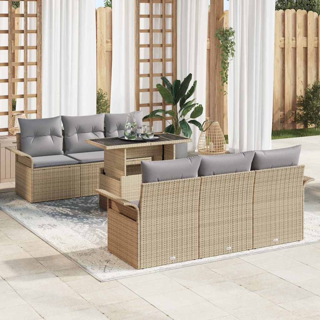 Trädgårdsoffset med kudde med lagring 7 pcs Beige Poly Rattan