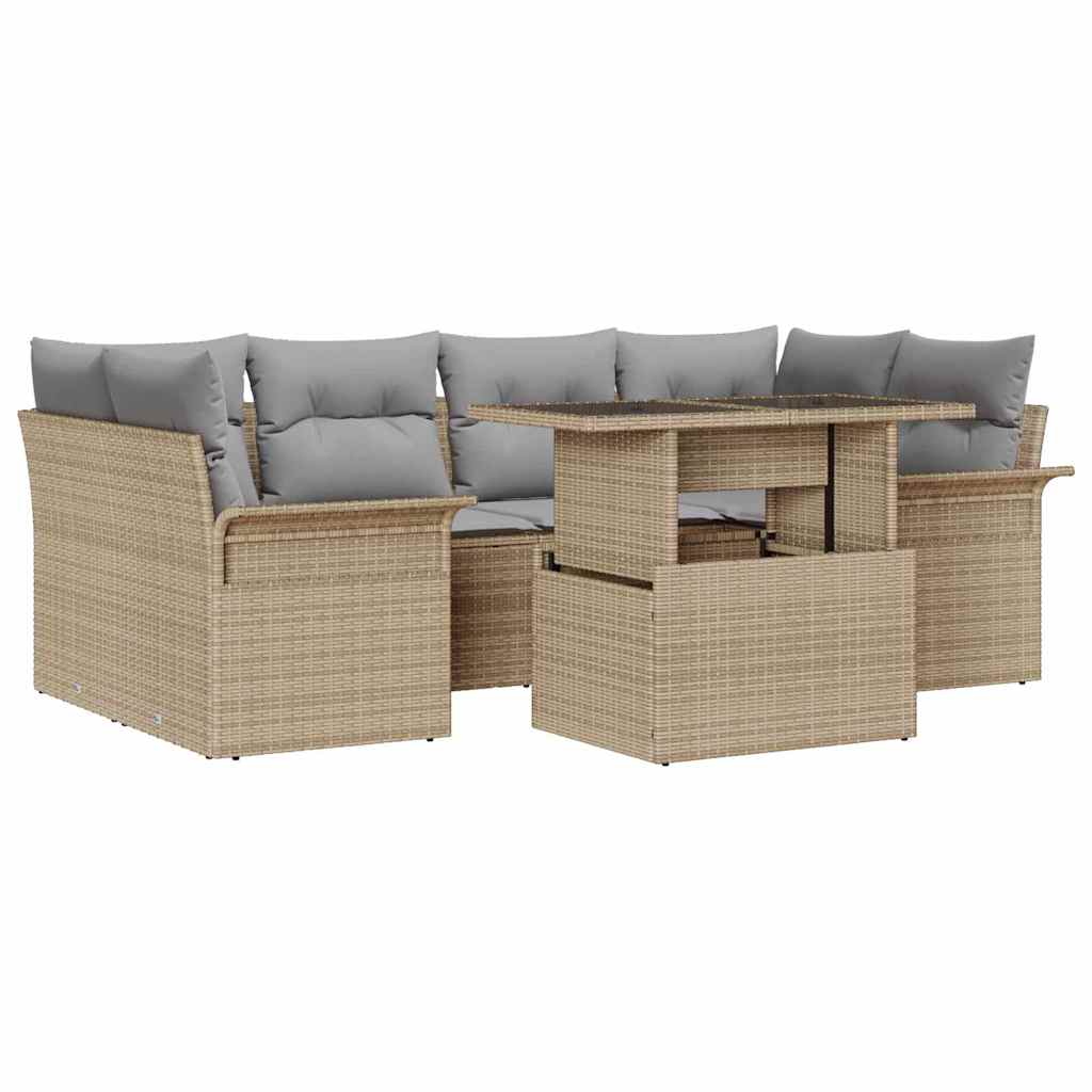 Trädgårdsoffset med kudde med lagring 7 pcs Beige Poly rattan