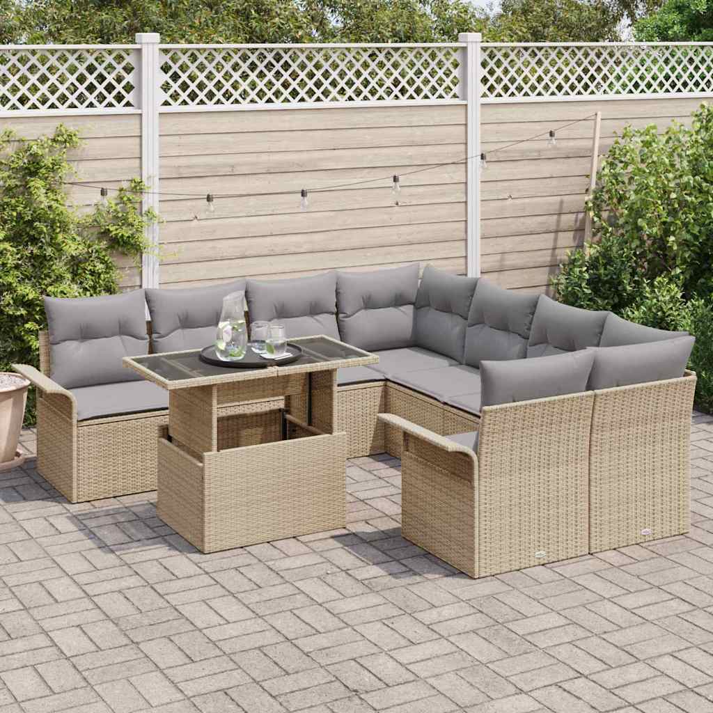 Trädgårdsoffset med kudde med lagring 9 pcs Beige Poly Rattan