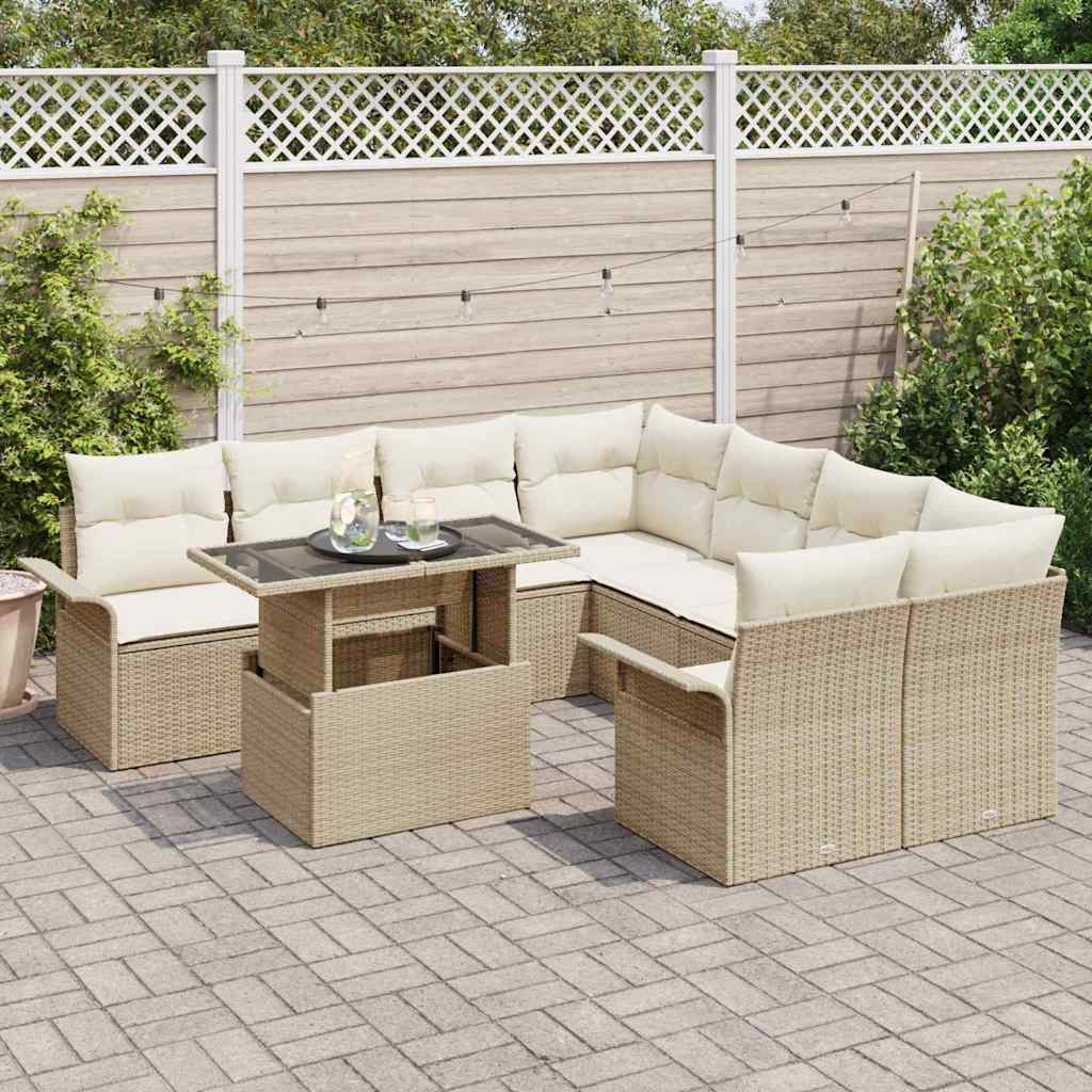 Trädgårdsoffset med kudde med lagring 9 pcs Beige Poly Rattan