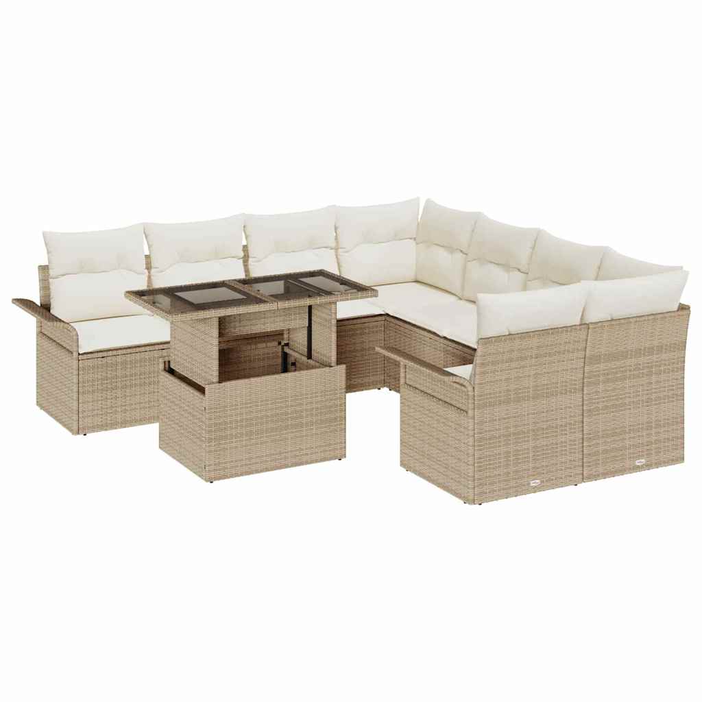 Trädgårdsoffset med kudde med lagring 9 pcs Beige Poly Rattan