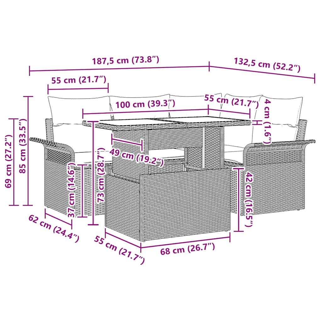 Trädgårdsoffset med kudde med lagring 5 pcs Grå Poly rattan