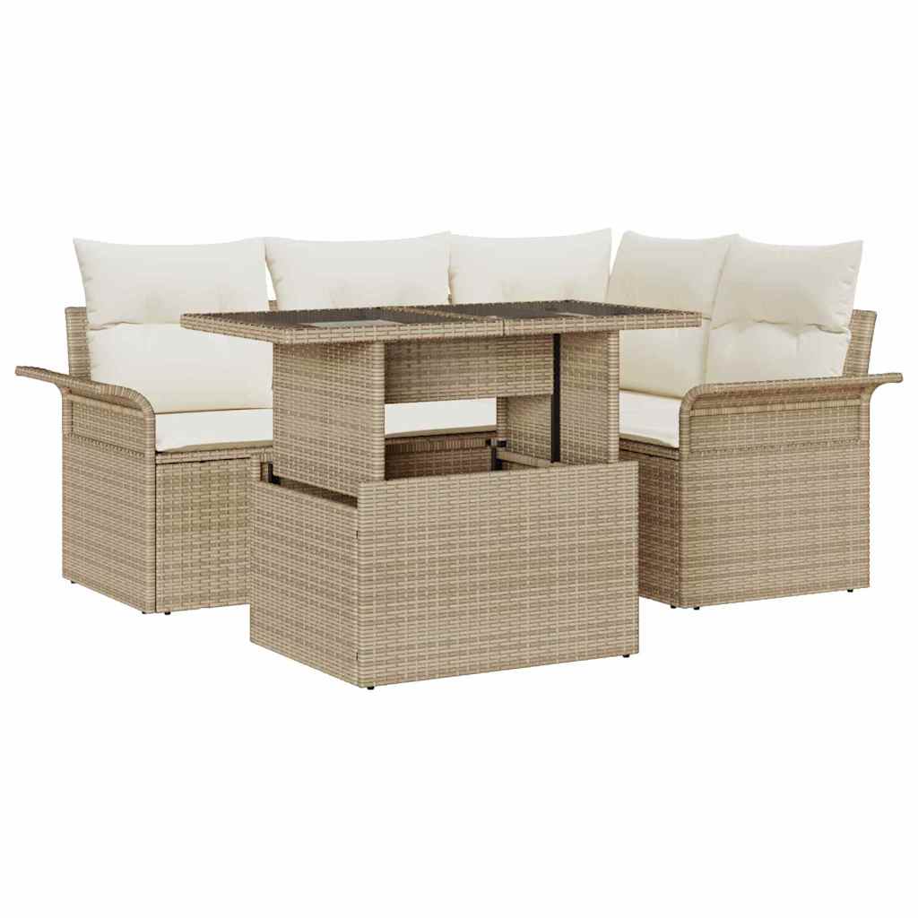 Trädgårdsoffset med kudde med lagring 5 pcs Beige Poly Rattan