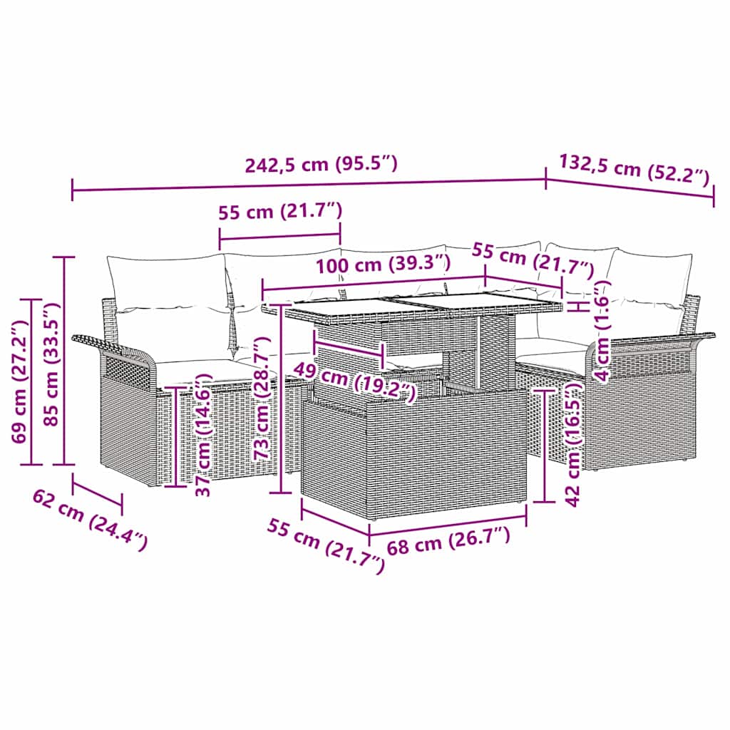 Trädgårdsoffset med kudde med lagring 6 pcs Brun Poly rattan