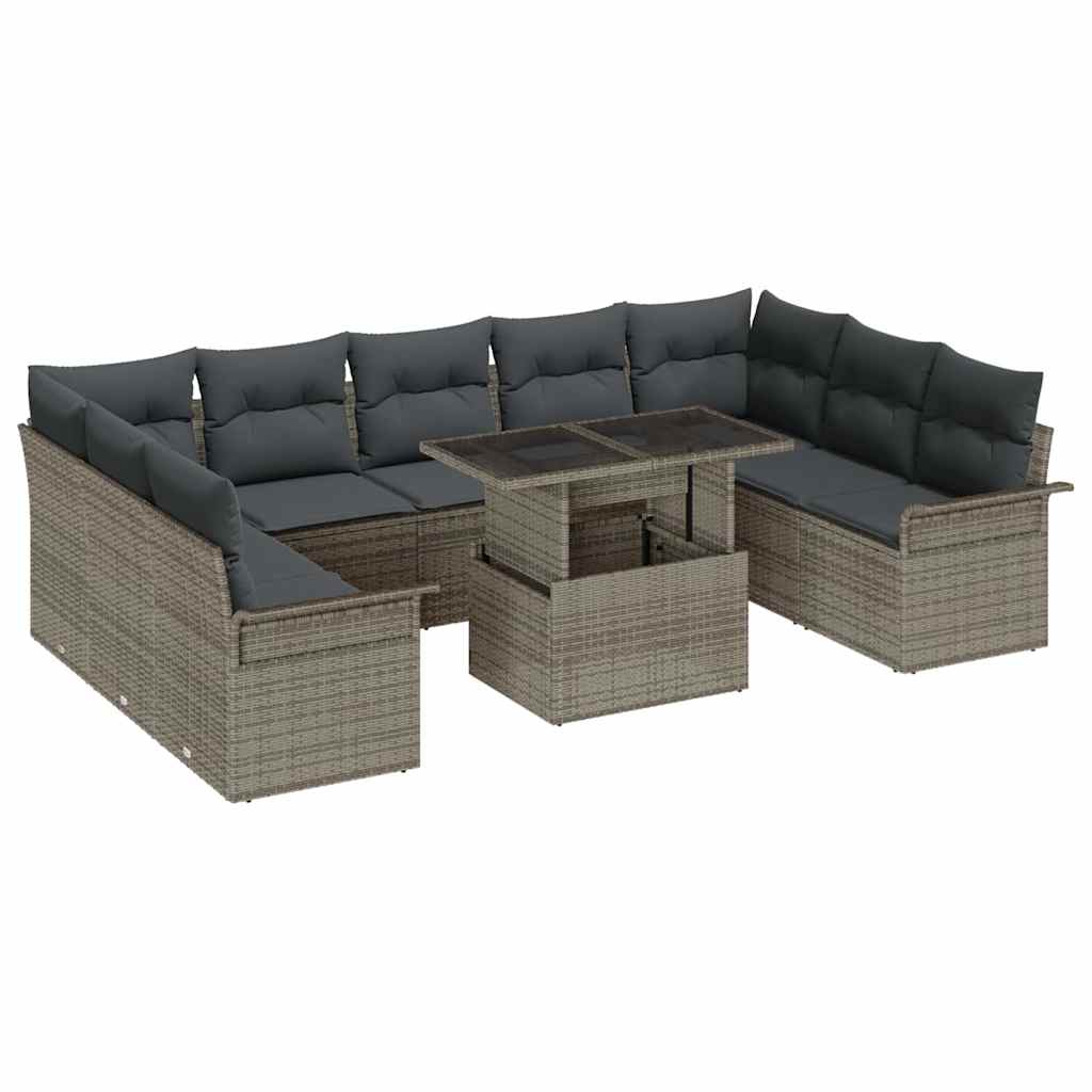 Trädgårdsoffset med kudde med kudde 10 pcs Grå Poly Rattan