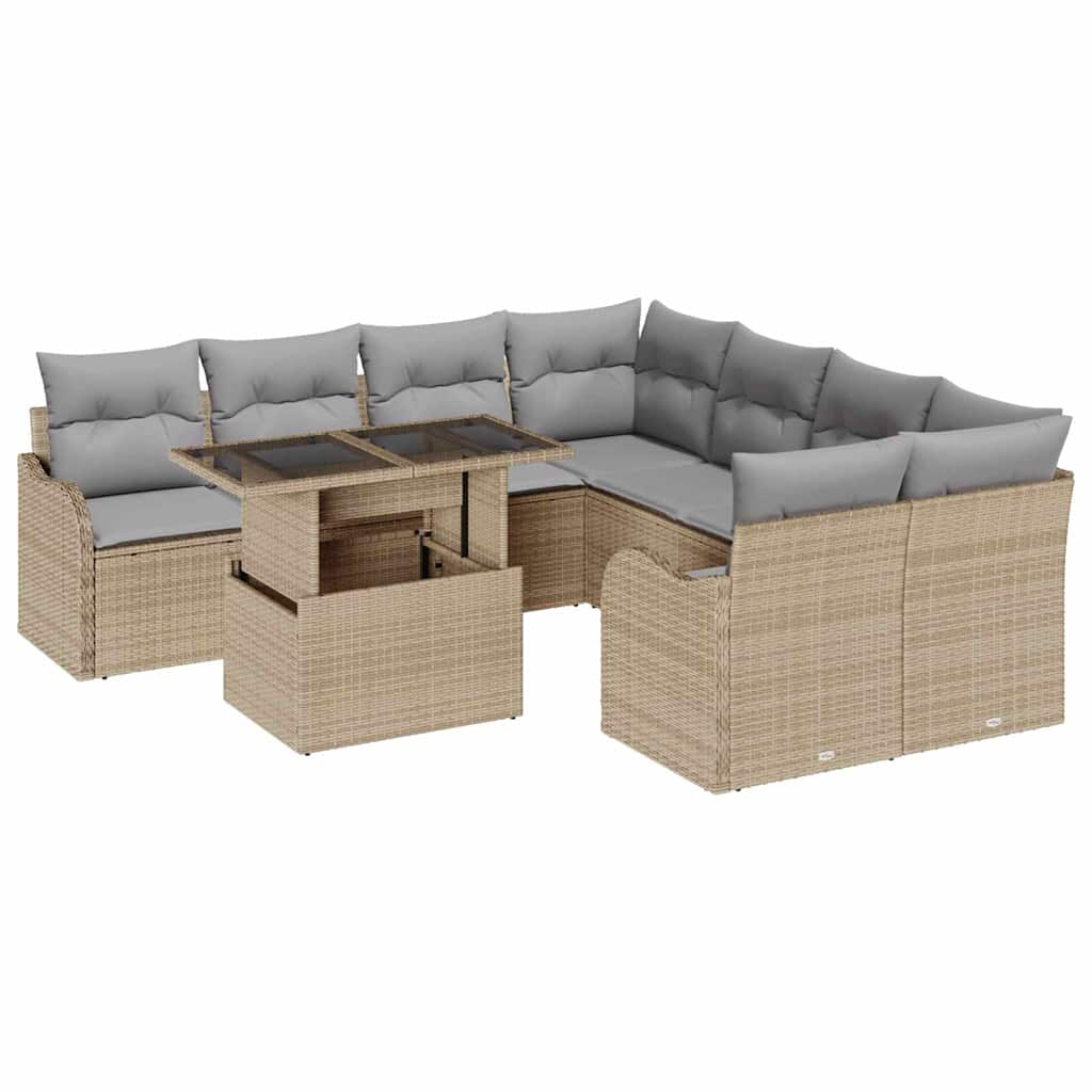 Trädgårdsoffset med kudde med kudde 9 pcs Beige Polyrattan