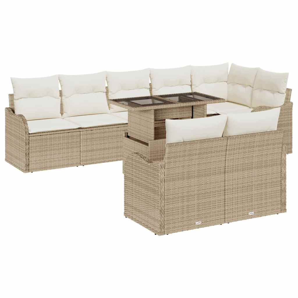Trädgårdsoffset med kudde med kudde 9 pcs Beige Poly Rattan