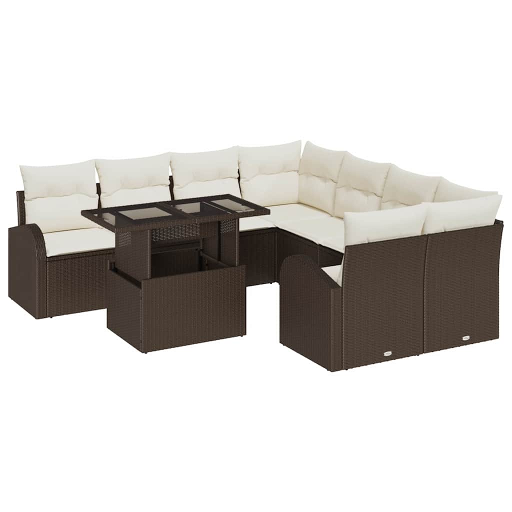 Trädgårdsoffset med kudde med lagring 9 pcs Brun Poly Rattan