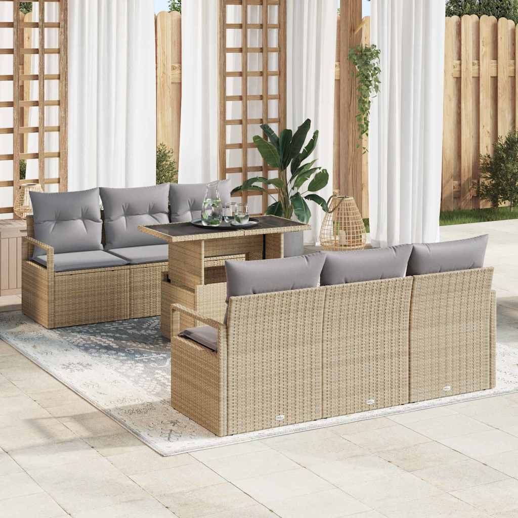 Trädgårdsoffset med kudde med lagring 7 pcs Beige Poly rattan
