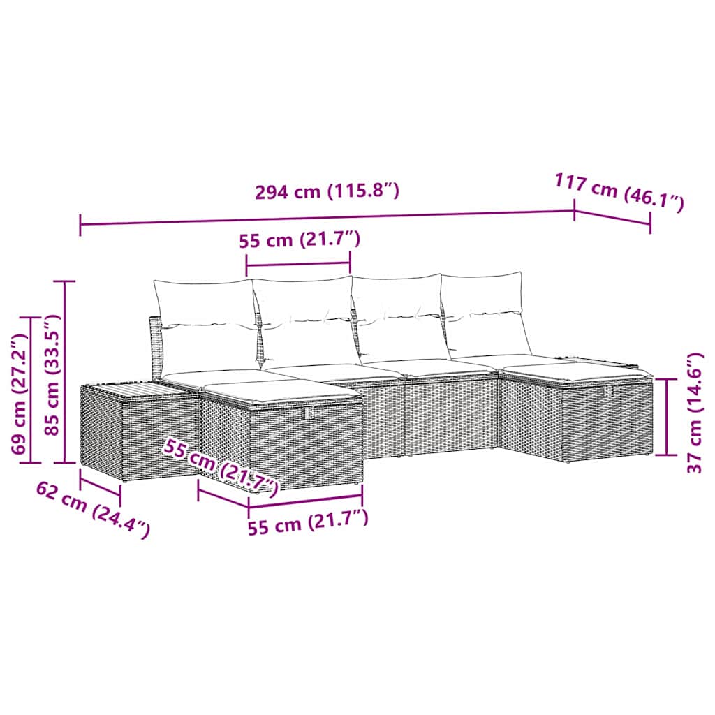 Trädgårdsoffset med kudde 6 pcs Svart Poly rattan