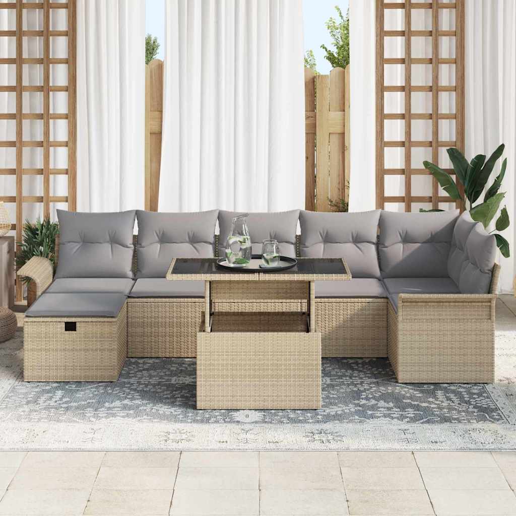 Trädgårdsoffset med kudde med lagring 8 pcs Beige Poly rattan