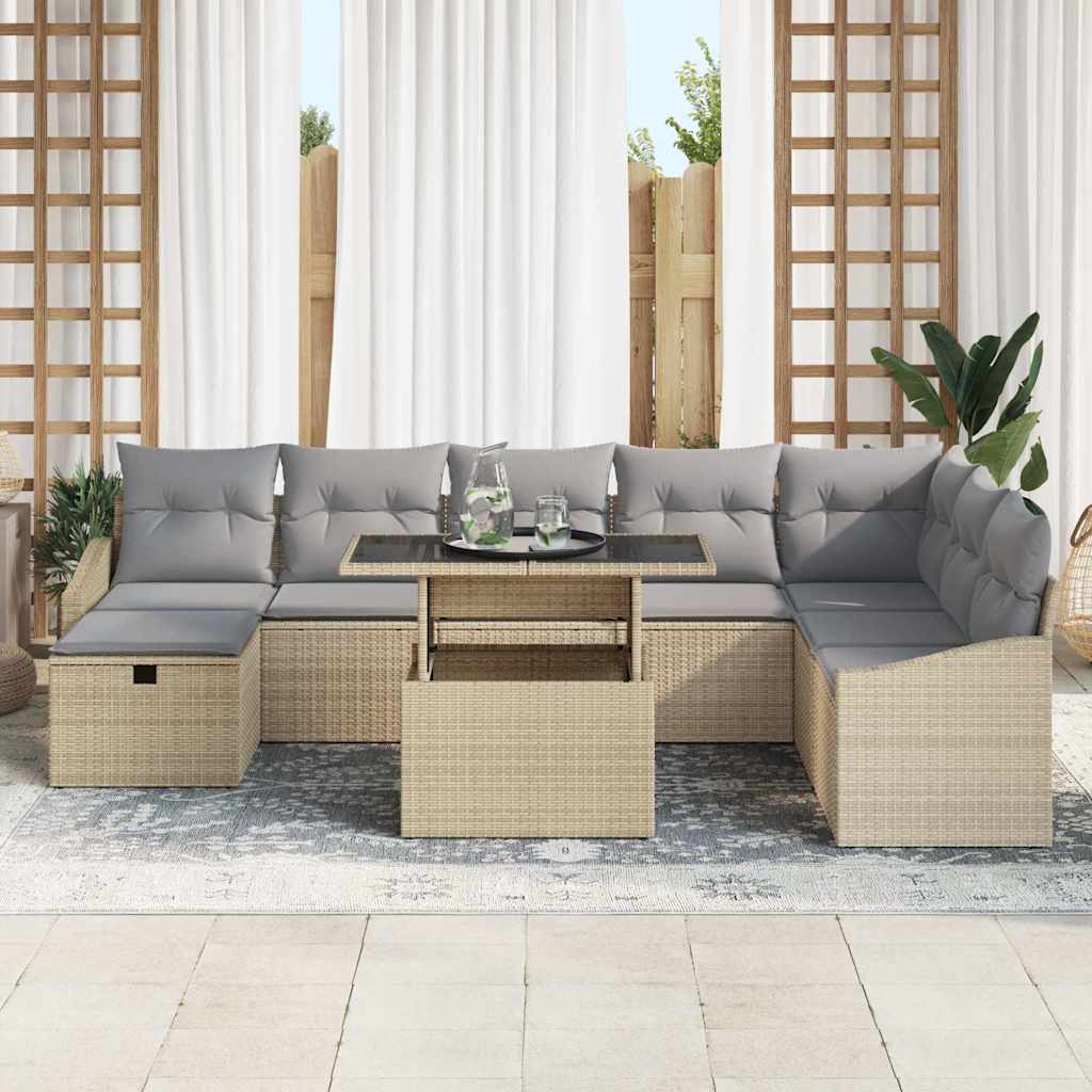 Trädgårdsoffset med kudde med lagring 9 pcs Beige Poly rattan