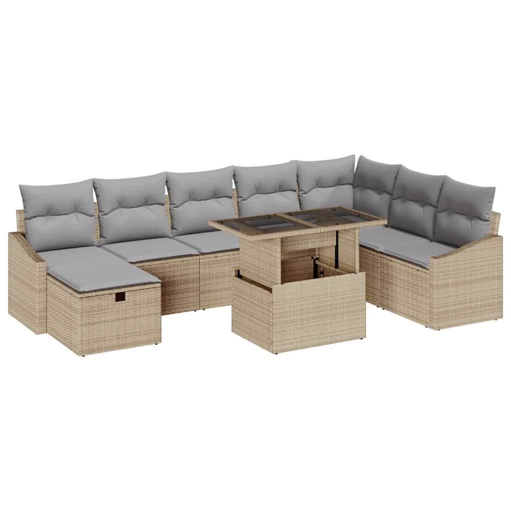 Trädgårdsoffset med kudde med lagring 9 pcs Beige Poly rattan