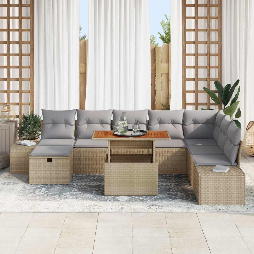 Trädgårdsoffset med kudde med lagring 9 pcs Beige Poly rattan