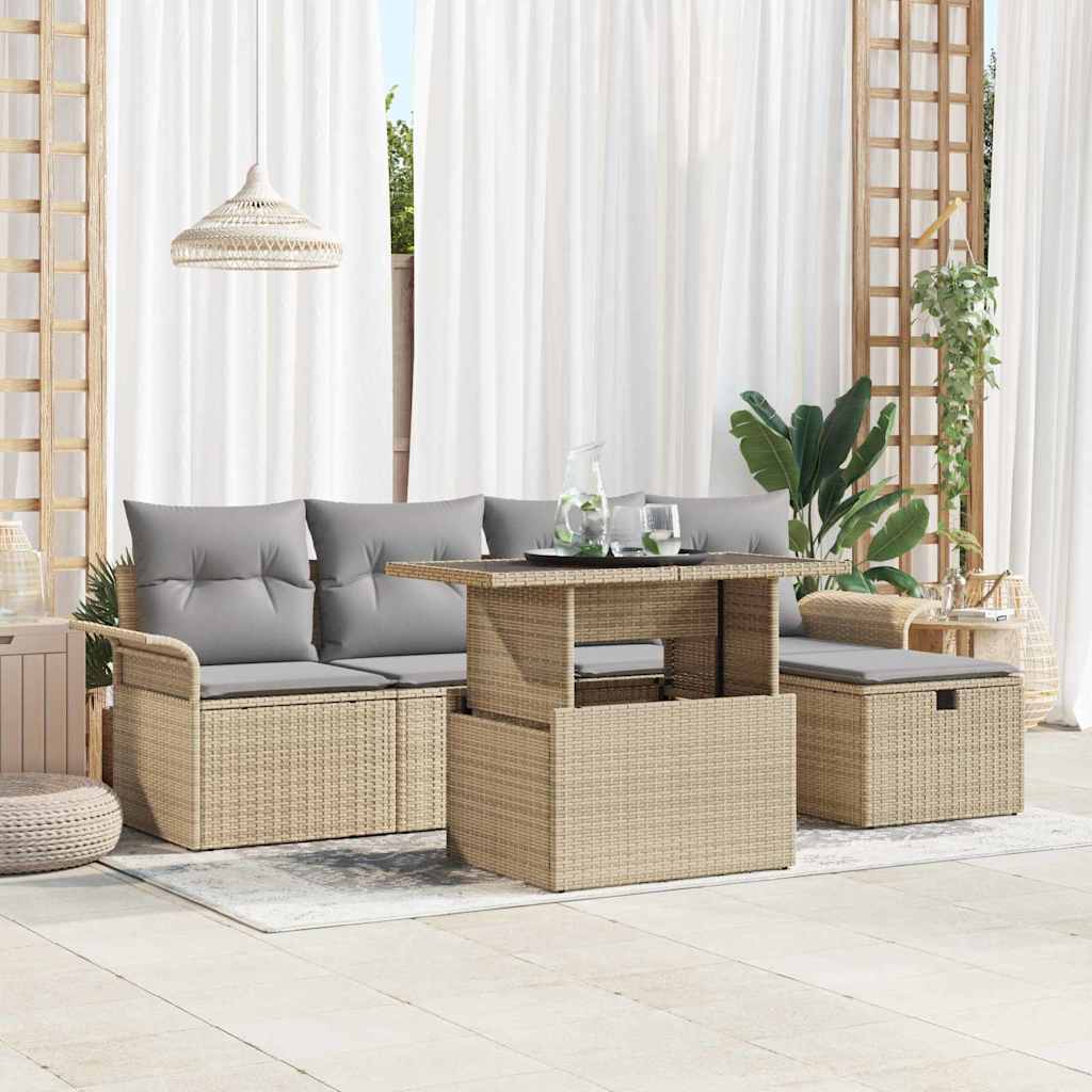 Trädgårdsoffset med kudde med lagring 6 pcs Beige Poly rattan