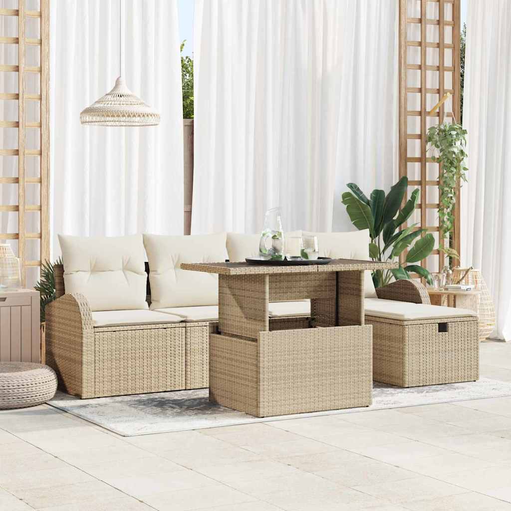 Trädgårdsoffset med kudde med lagring 6 pcs Beige Poly rattan