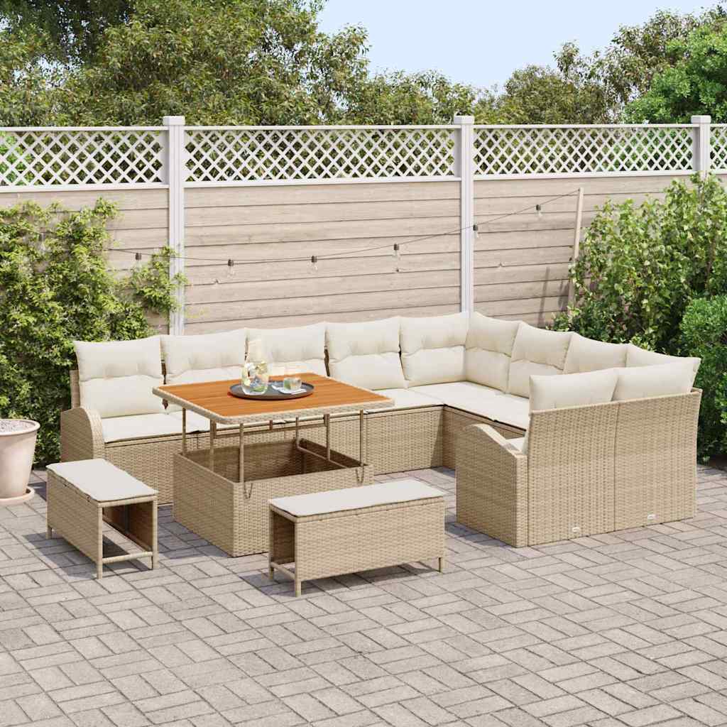 Trädgårdsoffset med kudde 12 pcs Beige Poly rattan
