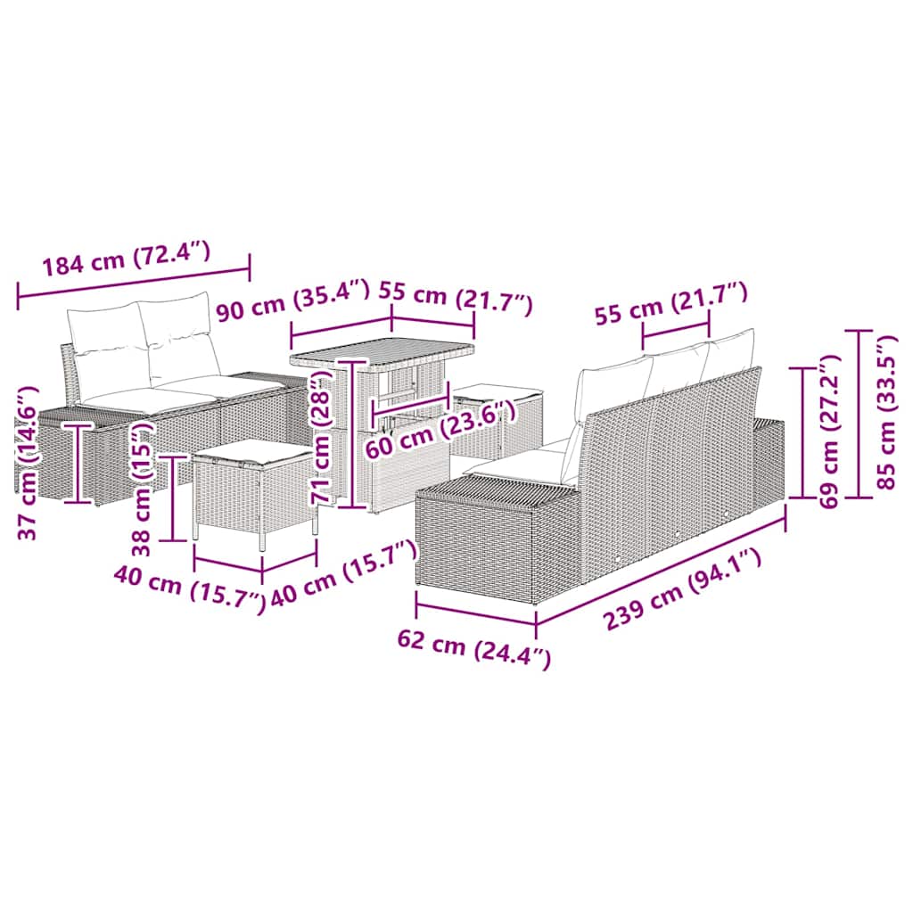 Trädgårdsoffset med kudde 8 pcs Beige konstrotting