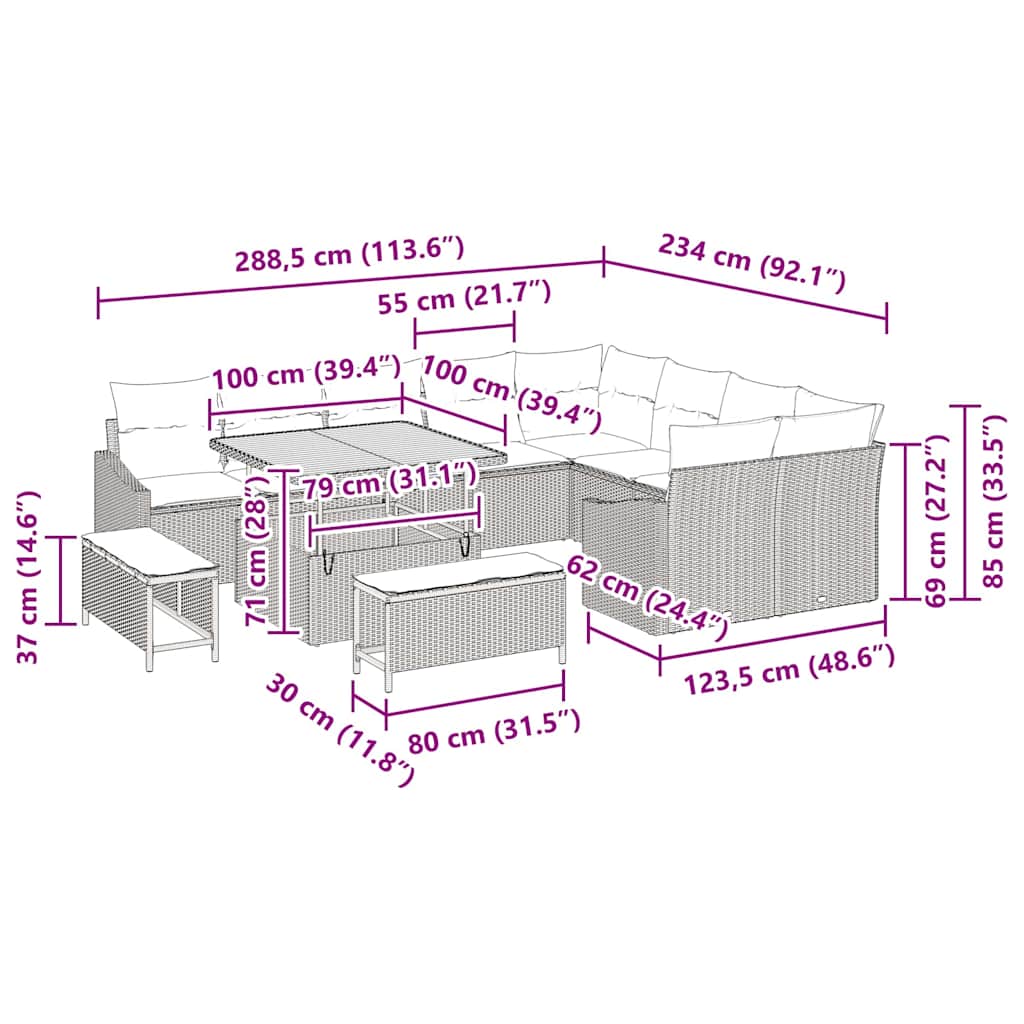 Trädgårdsoffset med kudde med lagring med kudde 12 pcs Grå