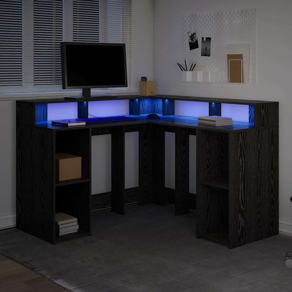 Skrivbord med hylla Svart Ek 130 x 130 x 91 cm Konstruerat trä