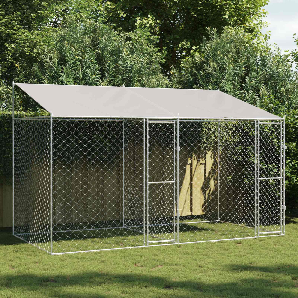 Hundbur med tak Silver 400 x 200 x 256 cm Stål och PE