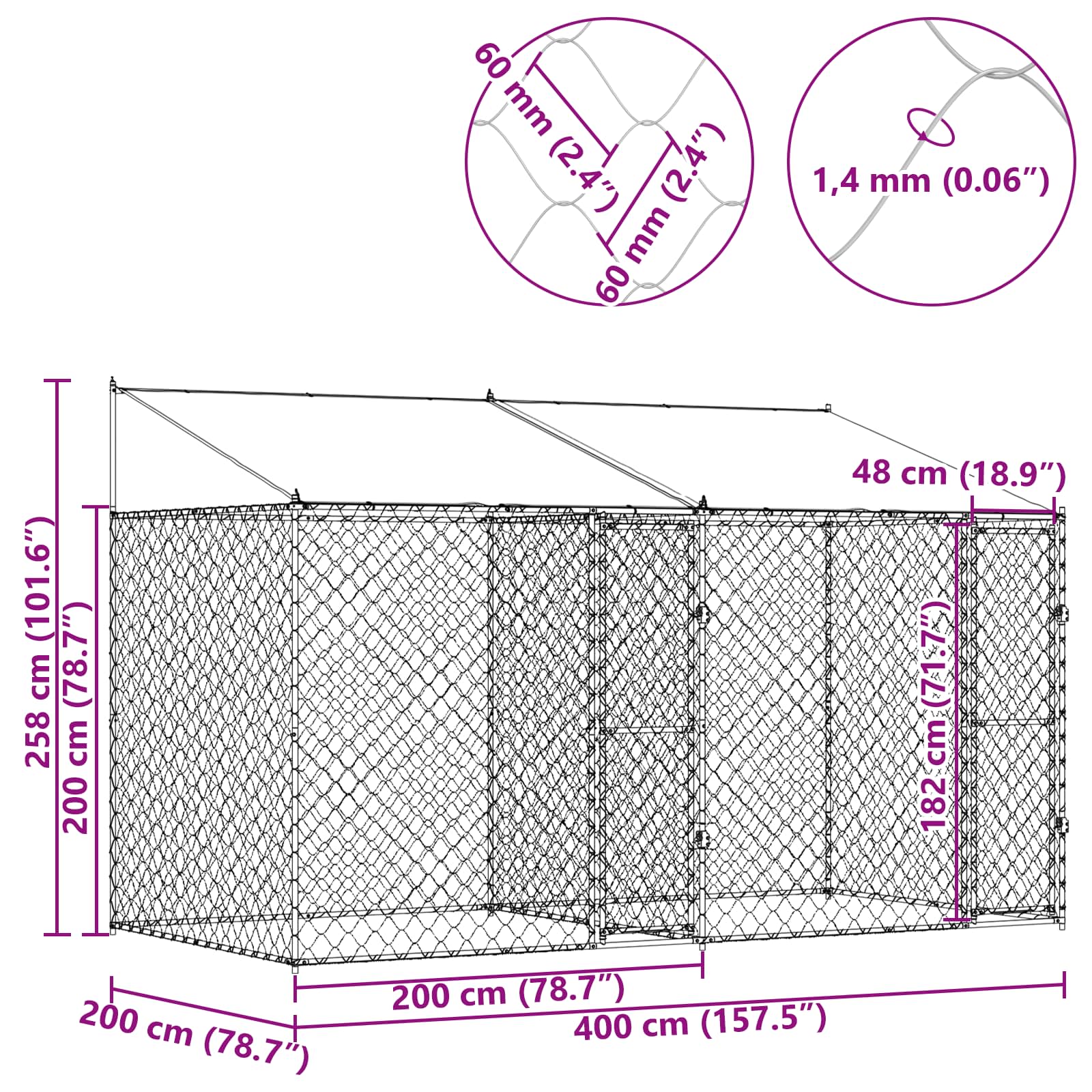 Hundbur Silver 400 x 200 x 256 cm Galvaniserat Stål