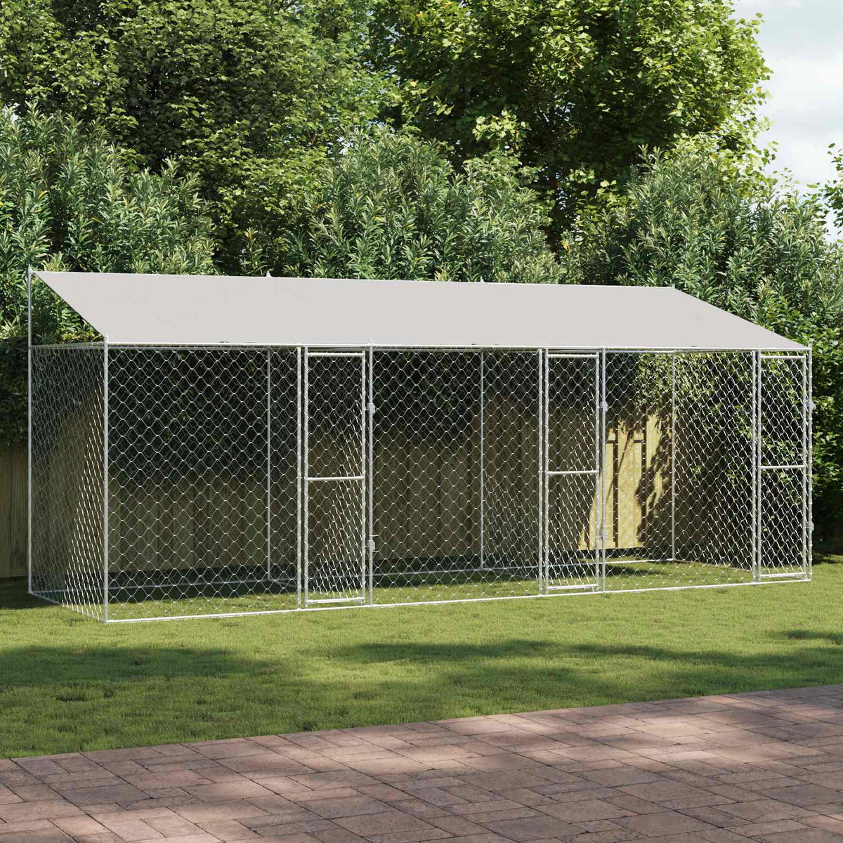 Hundbur med tak Silver 600 x 200 x 256 cm Stål och PE