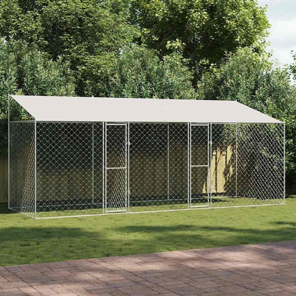 Hundbur med tak Silver 600 x 200 x 256 cm Stål och PE