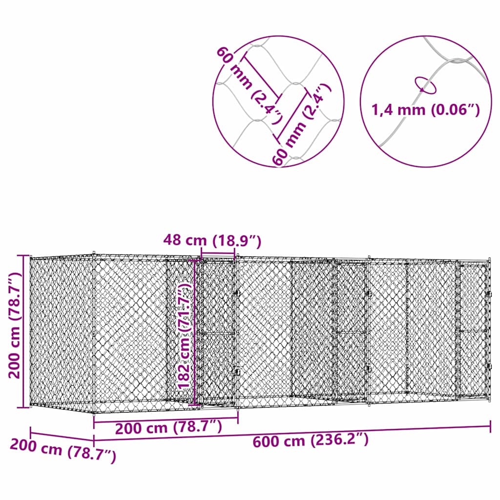 Hundbur 3 pcs Silver 600 x 200 x 200 cm Stål och PE